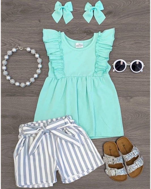 Mint Top with Striped Shorts