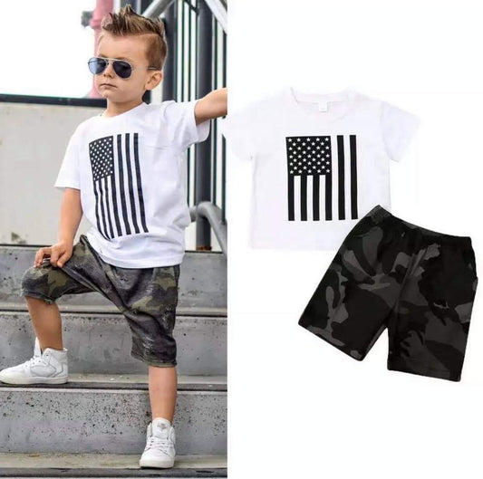 Boys Flag shirt with camo shorts