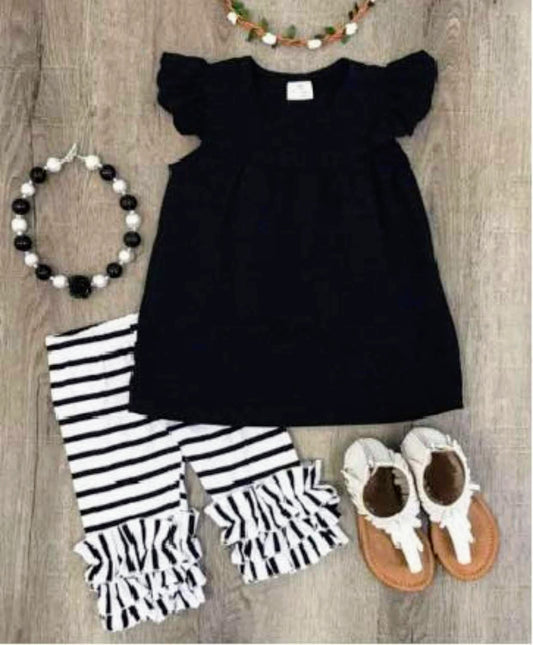 Black Top with Black & White stripe capris